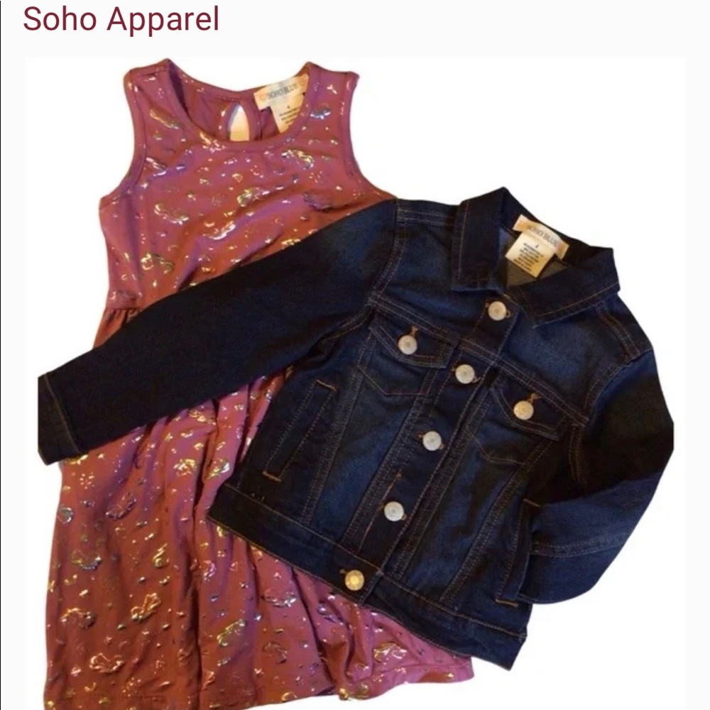 2 piece girls unicorn print dress with denim jacket